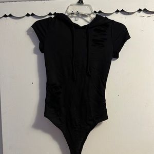 NWT Black Distressed Bodysuit with Hood